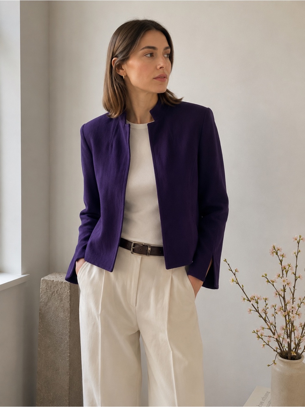 Akris Open Front Wool Crepe Jacket • Aubergine Purple • US 10